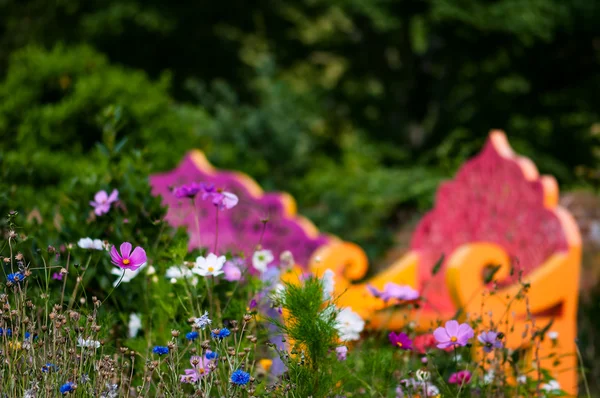 Wildflower garden and benches outdoor relaxing space — Stock Photo, Image