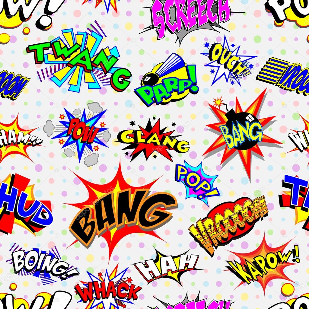Colorful cartoon text captions. Explosions and noises. Tileable vector wallpaper background that repeats left, right, up and dow
