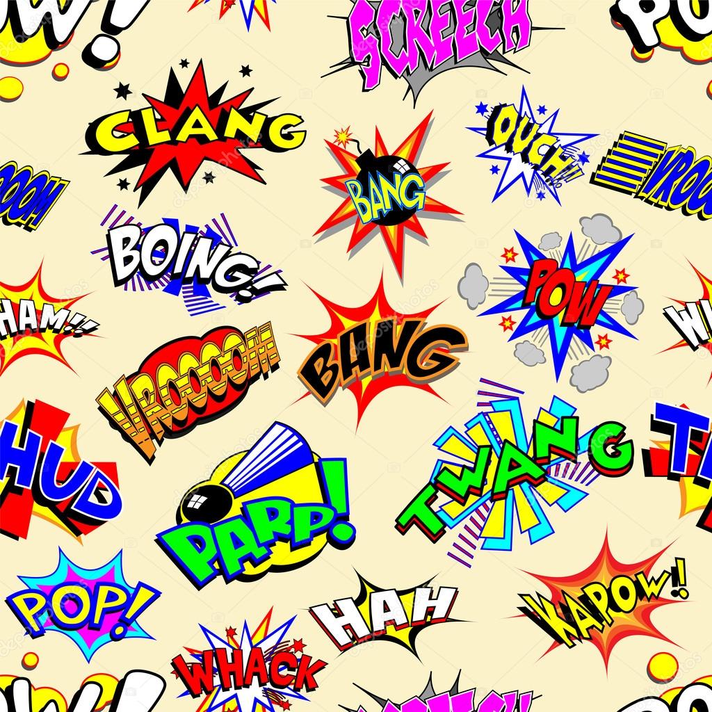 Colorful cartoon text captions. Explosions and noises. Tileable vector wallpaper background that repeats left, right, up and dow