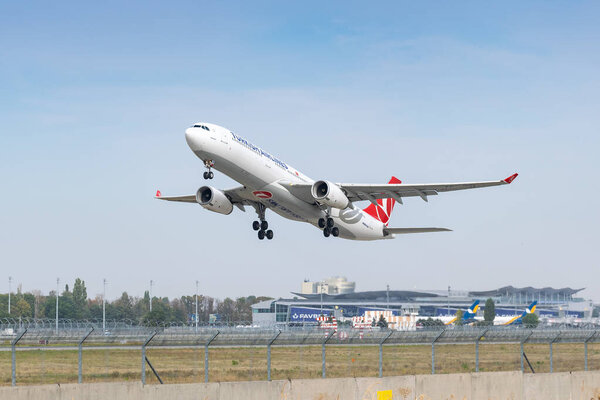 Boryspil, Ukraine - September 25, 2020: Turkish Airlines Airbus A330-300 is taking off from the airport