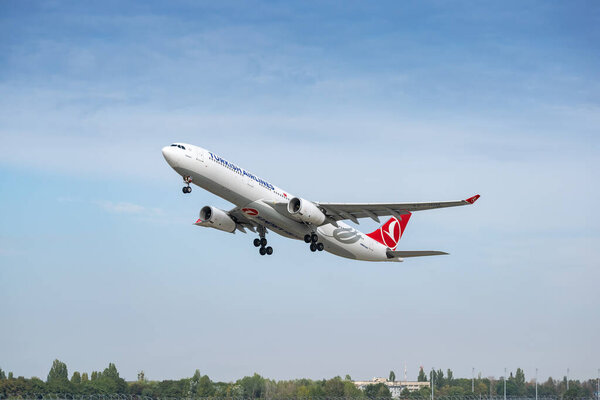 Boryspil, Ukraine - September 25, 2020: Turkish Airlines Airbus A330-300 is taking off from the airport