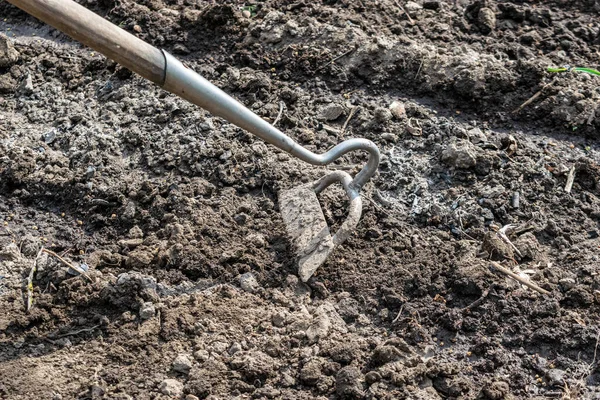 Gardening hoe on the cultivated soil closeup