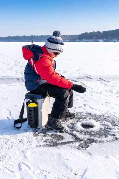 Boy Enjoys Winter Fishing Ice Lake — Stock Photo, Image