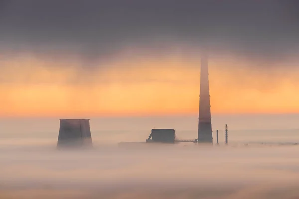 Power Station Sunrise Fog Stormy Clouds — Stock Photo, Image