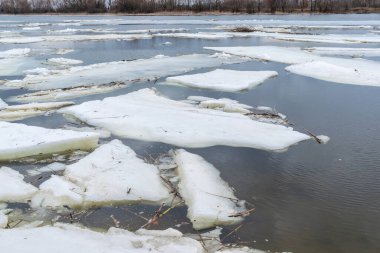Erimiş buz nehirde ilkbaharda sürüklenir.