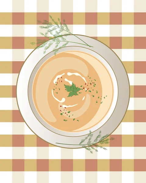 Sopa de pollo en Gingham — Vector de stock