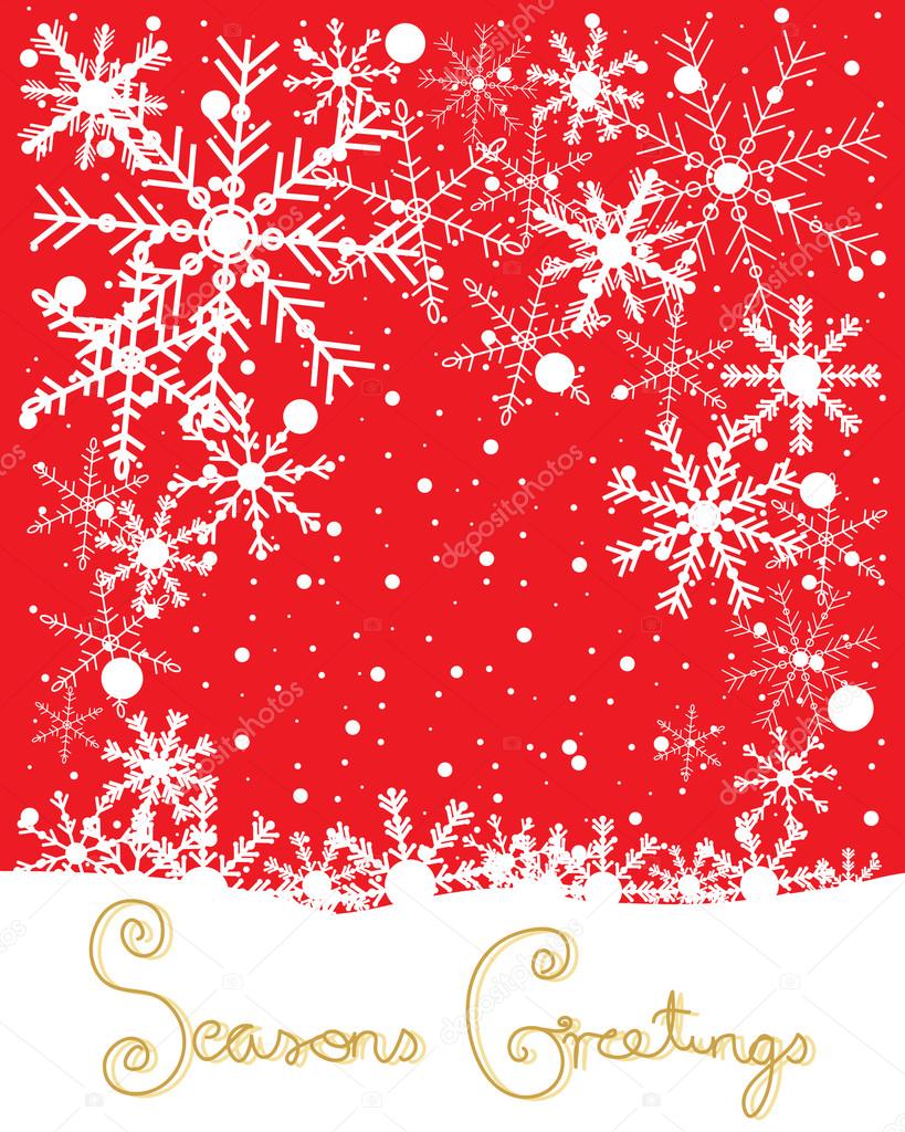 An illustration of a christmas greeting card with white patterned snowflakes on a red background with the message seasons greetings in gold lettering