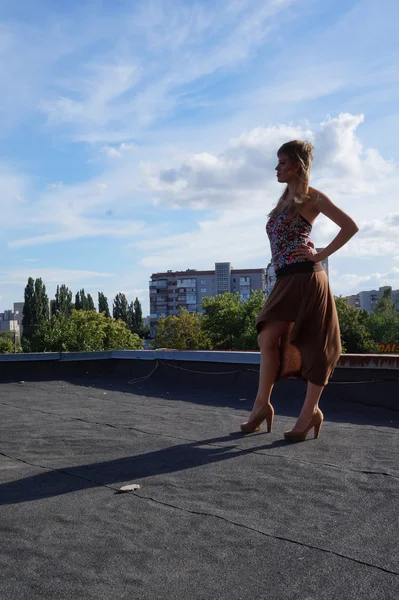 Schöne modische sexy Mädchen in High Heels Spaß auf einem Skateboard auf dem Dach. Hintergrund einer verlassenen Fabrik. — Stockfoto