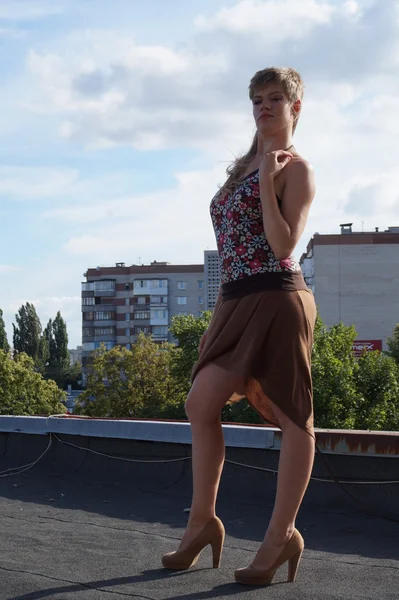 높은 발뒤꿈치 재미 스케이트 보드에 지붕에에서 아름 다운 유행 섹시 한 소녀. 버려진된 공장의 배경. — 스톡 사진