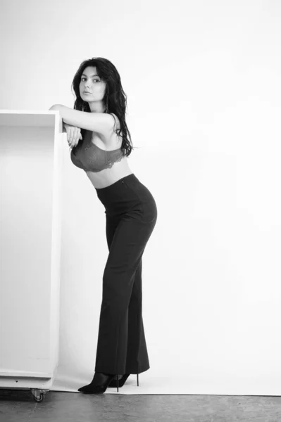 Sexy Beautiful Brunette Woman Lingerie Trendy Bell Bottoms Pants Posing — Stock Photo, Image