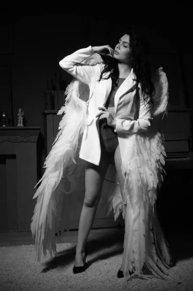 Beautiful Brunette Woman Blazer White Angel Wings Posing Piano Studio — Stock Photo, Image
