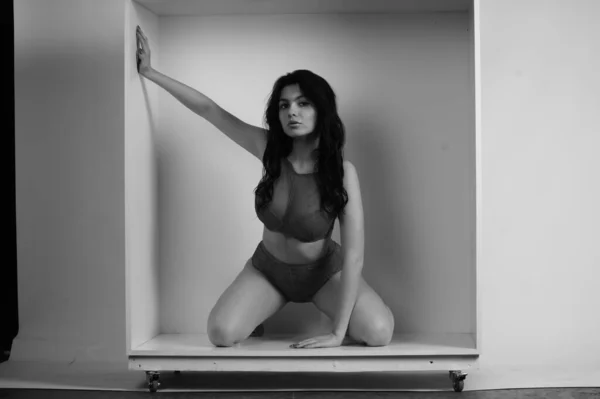 Stüdyoda Beyaz Arka Planda Dekoratif Kutuda Poz Veren Çamaşırlı Seksi — Stok fotoğraf