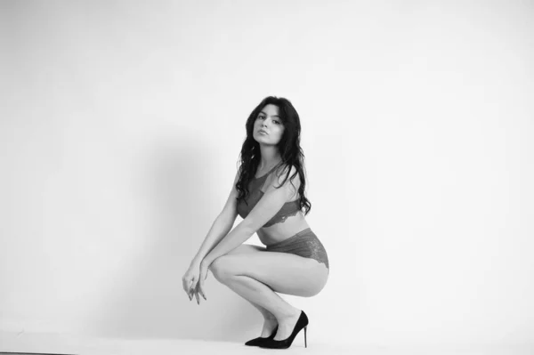 Sexy Beautiful Brunette Woman Lingerie Posing Studio White Background — Stockfoto