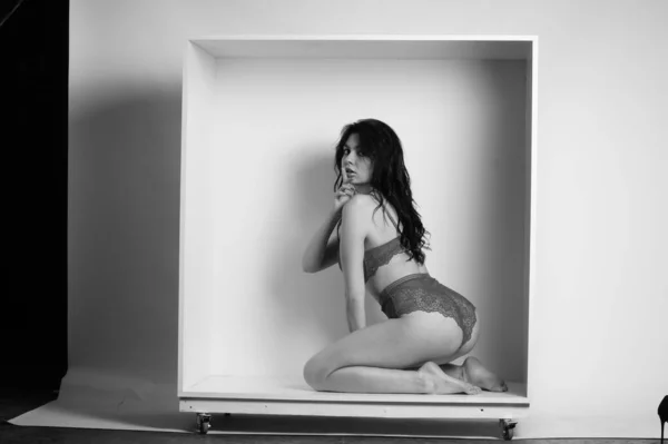 セクシー美しいですブルネット女性でランジェリーポーズの装飾箱でスタジオ上の白の背景 — ストック写真