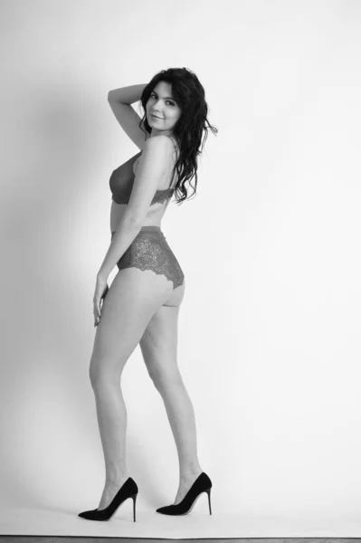 Sexy Beautiful Brunette Woman Lingerie High Heels Posing Studio White — Stock Photo, Image