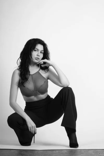Sexy Beautiful Brunette Woman Lingerie Trendy Bell Bottoms Pants Posing — Stockfoto