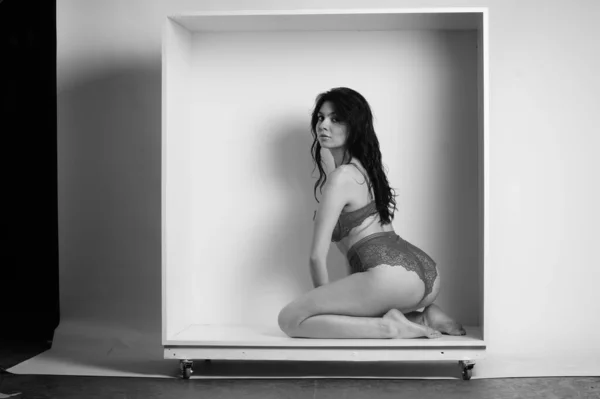 Sexy Beautiful Brunette Woman Lingerie Posing Decorative Box Studio White — Stockfoto