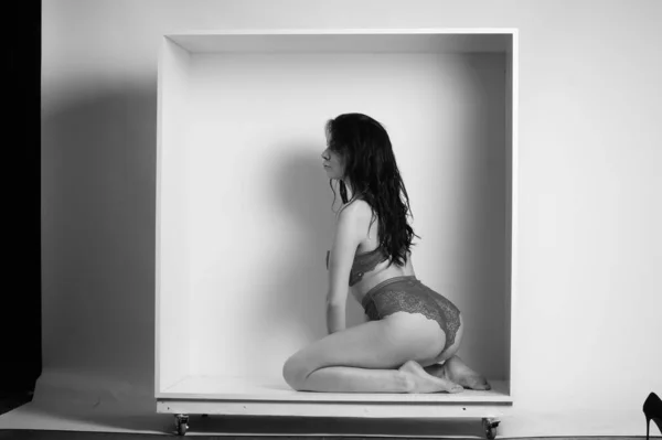 穿着内衣的性感漂亮的黑发女人在白色背景的工作室的装饰盒里摆姿势 — 图库照片