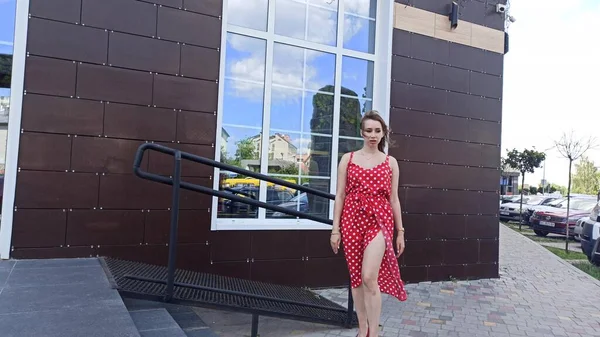 Young Woman Long Hair Red Dress Parking — Stockfoto