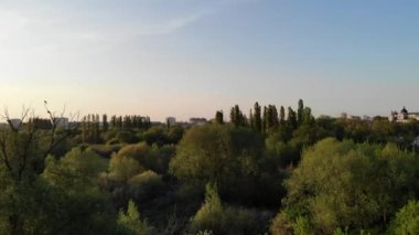 Güneşli bir günde güzel bir sonbahar ormanı yakınında otobanı olan şehir manzarası.