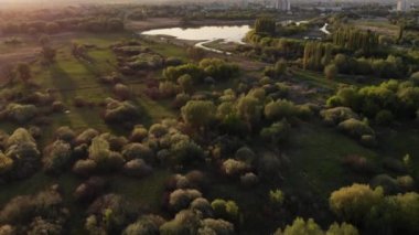 Güneşli bir günde güzel sonbahar ormanları arasında nehir kenarındaki şehrin havadan görünüşü.