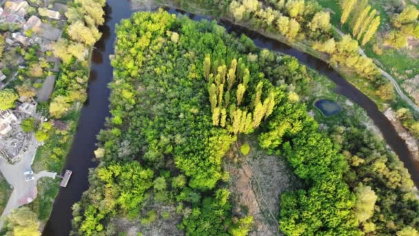 Luftfoto Byen Nær Floden Blandt Smukke Efterårsskov Solrig Dag – Stock-video