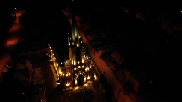 Vista Aérea Catedral Iluminada Cidade Noite — Vídeo de Stock