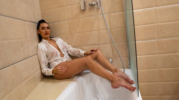 Beautiful Young Woman Male Shirt Posing Bathroom Photo — Stock Photo, Image