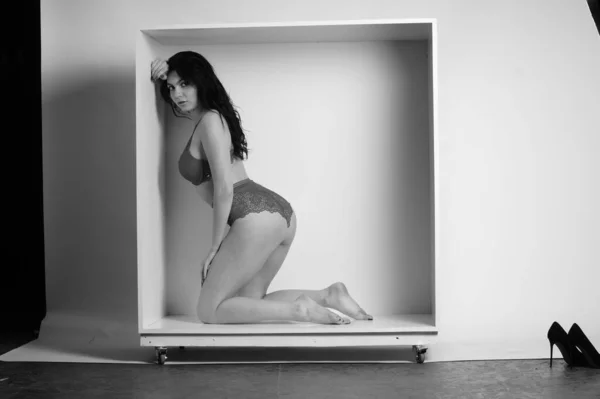 Belle Femme Brune Portant Lingerie Posant Cube Blanc Studio — Photo