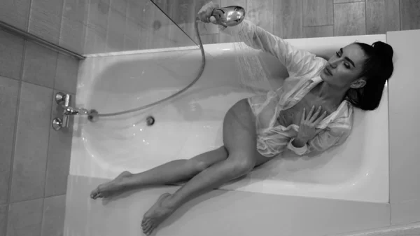 Beautiful Young Woman Male Shirt Posing Bathroom Black White Photo — Stock Photo, Image