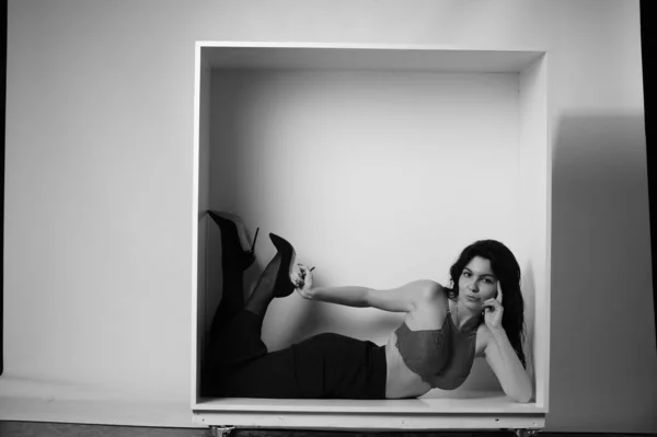 Beautiful Brunette Woman Wearing Lingerie Pants Posing White Cube Studio — Stock Photo, Image