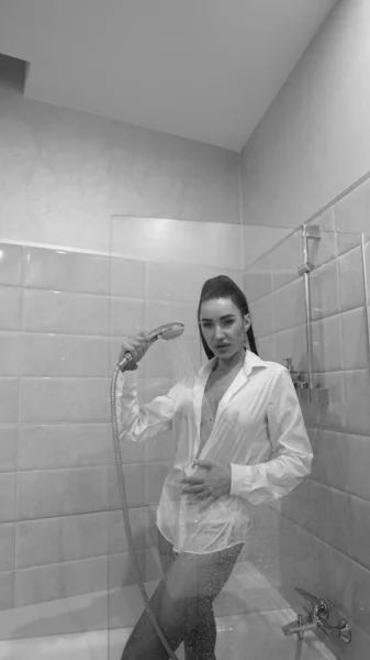 Beautiful Young Woman Male Shirt Posing Bathroom Black White Photo — Stock Photo, Image