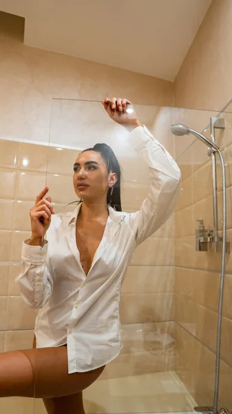 Beautiful Young Woman Male Shirt Posing Bathroom Photo — Stock Photo, Image