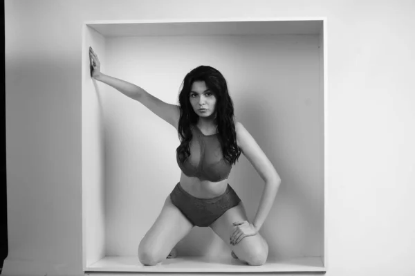 Belle Femme Brune Portant Lingerie Posant Cube Blanc Studio — Photo