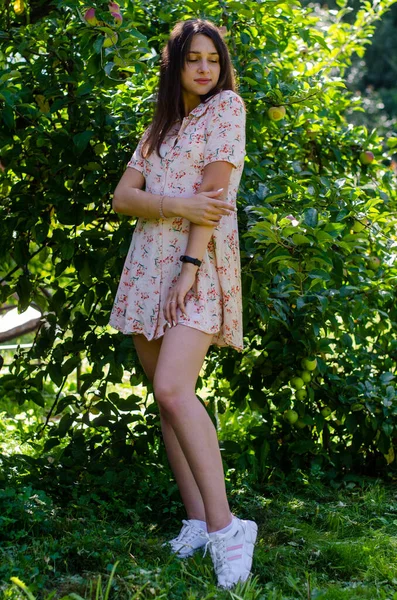 Όμορφη Νεαρή Κοπέλα Καλοκαιρινό Φόρεμα Ποζάροντας Στον Κήπο Την Ηλιόλουστη — Φωτογραφία Αρχείου