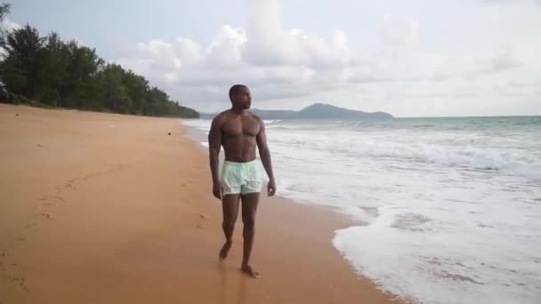 Afroamerykanin spaceruje po plaży o zachodzie słońca. spodenki i nagi top — Wideo stockowe