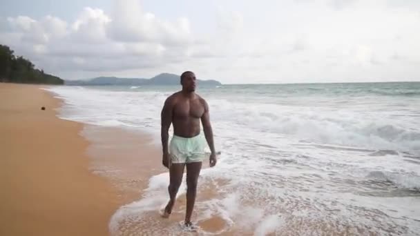 Afroamerykanin spaceruje po plaży o zachodzie słońca. spodenki i nagi top — Wideo stockowe
