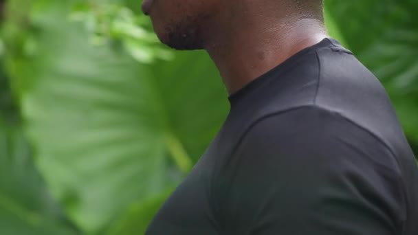 Zwarte sportman blijft in de groene jungle. kijkt rond Rechtenvrije Stockvideo's