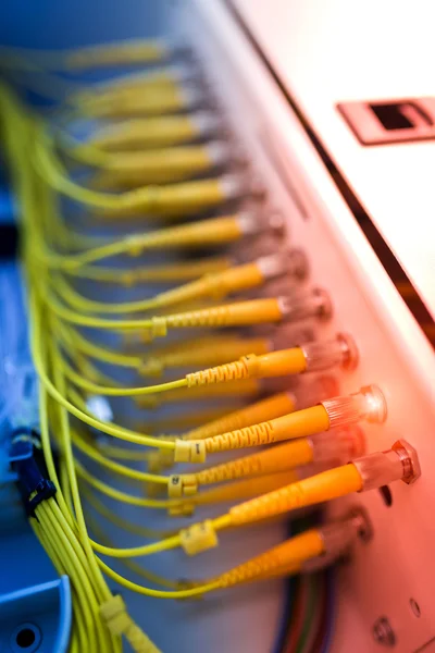 Fibre optique avec serveurs dans un centre de données technologique — Photo