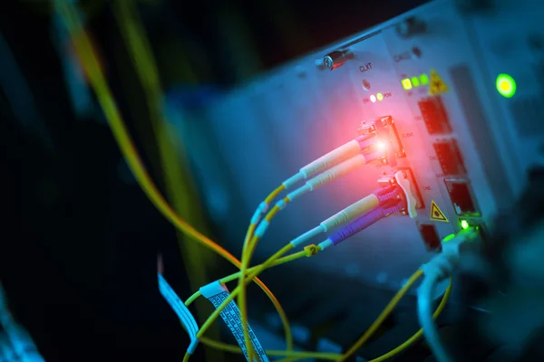 Bir teknoloji veri merkezinde sunucuları olan fiber optik - Stok İmaj