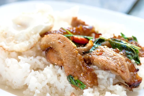 Nasi dengan daging babi goreng dan pedas dengan kemangi — Stok Foto