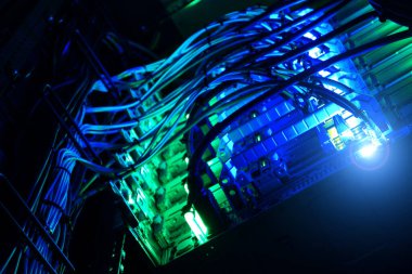 A close-up view of vibrant network cables illuminated in blue and green within a server room. The intricate connections highlight the importance of technology in data management.