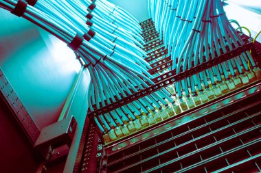 Sunucu odasındaki organize ağ kablolarının yakın plan görüntüsü. Canlı mavi kablolar modern teknolojiyi ve veri iletişimi için verimli tasarımı sergiliyor.