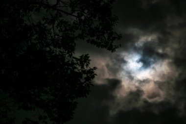 Ay 'ın büyüleyici görüntüsü kısmen karanlık, dönen bulutlar tarafından gizleniyor. Sahne, gece gökyüzünde bir gizem ve sükunet hissi uyandırıyor..