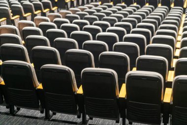 Modern bir oditoryumda düzenlenmiş boş tiyatro koltuklarının büyüleyici manzarası. Tasarım konfor ve tarzın birleşimi, çeşitli etkinlikler ve performanslar için mükemmel..