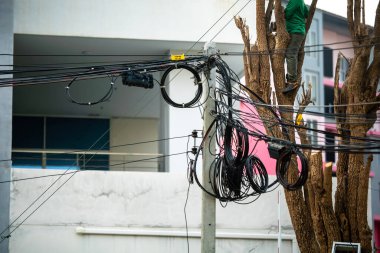 Bir teknisyen, bir ağaca dolanmış elektrik kabloları üzerinde çalışarak, şehir ortamında teknoloji ve doğanın karışımını gözler önüne seriyor..