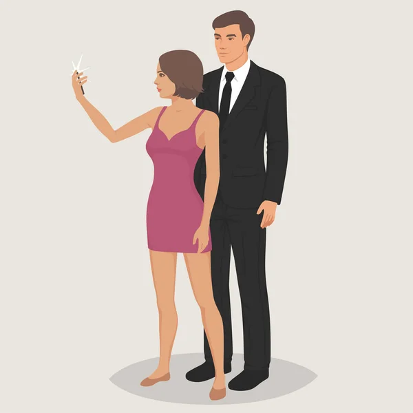 Una chica hace selfie usando un teléfono móvil. — Vector de stock