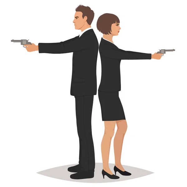 Secret Service Agents Standing Back To Back With Guns, Vector illustration — Stock Vector