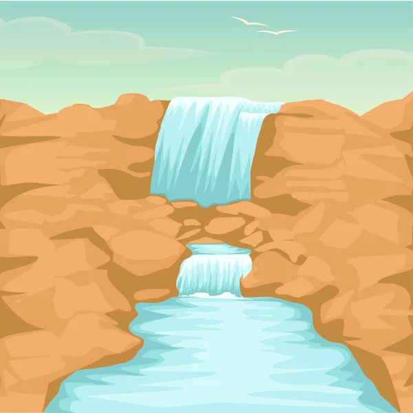 Stream of waterfall from cliff. Vector river — Stockvector