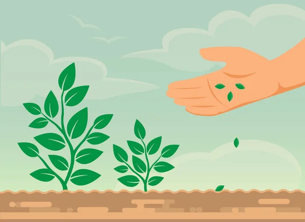 Mão Semeadura de sementes, Ecologia. Ilustração vetorial —  Vetores de Stock